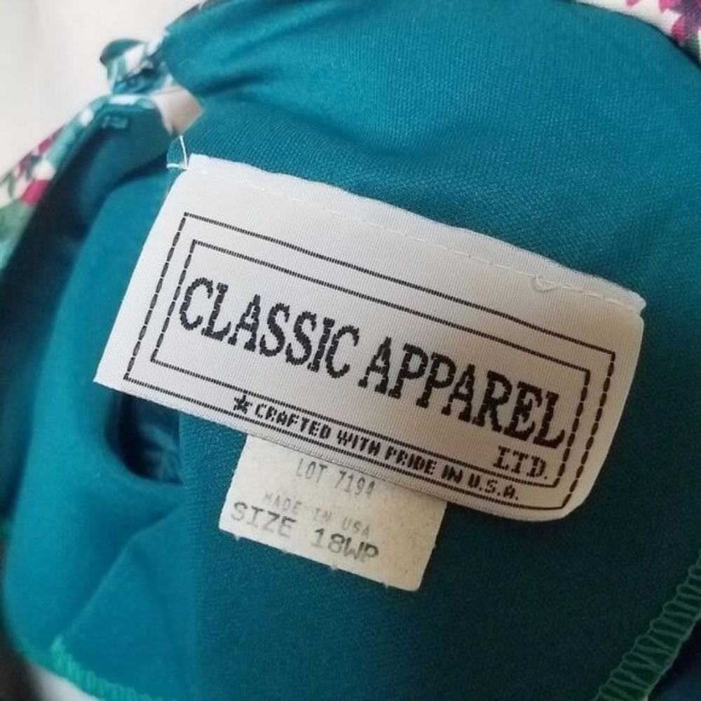 80s Vintage Classic Apparel Teal Cabbage Rose Pleated Quarter Sleeve Midi Dress - Picture 15 of 15